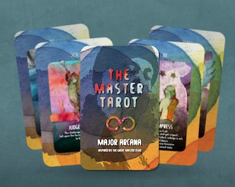 May include: A set of tarot cards with watercolor designs. The cards feature the text "The Master Tarot" and "Major Arcana" with the infinity symbol. The cards are inspired by the Great Master Mind.
