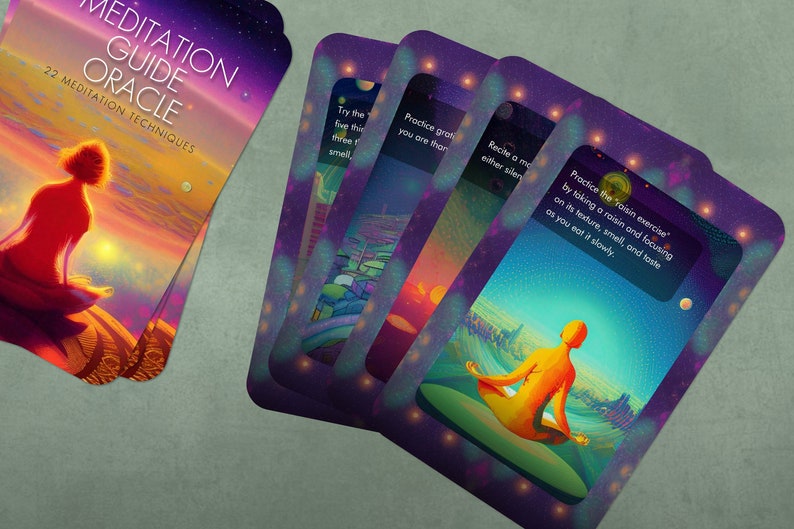 May include: A set of colorful oracle cards with a purple background and a galaxy-like pattern. The cards feature a variety of images and text, including a person meditating, a sunset, and the words "Meditation Guide Oracle".