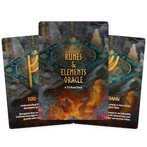Puede incluir: Un mazo de cartas de oráculo titulado "Runes & Elements Oracle" con un mazo de 72 runas. Las cartas presentan un diseño verde azulado y dorado con ilustraciones de edificios y paisajes. Las cartas tienen texto, incluyendo "FEHU" y "HADOW".
