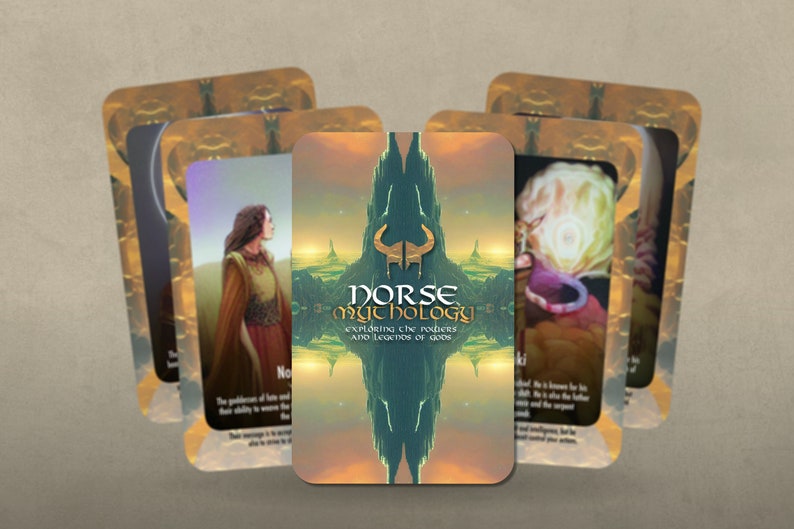 May include: A set of cards with colorful illustrations and text. The cards feature a green and gold design with the text "Norse Mythology" and "exploring the gods and legends of yore".