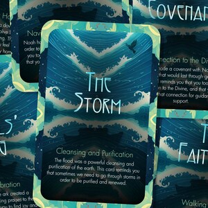 May include: A set of colorful oracle cards with blue, green, and white waves and text. The cards feature titles like "The Storm", "The Animals' Song", "The Faithful", and "Covenant".