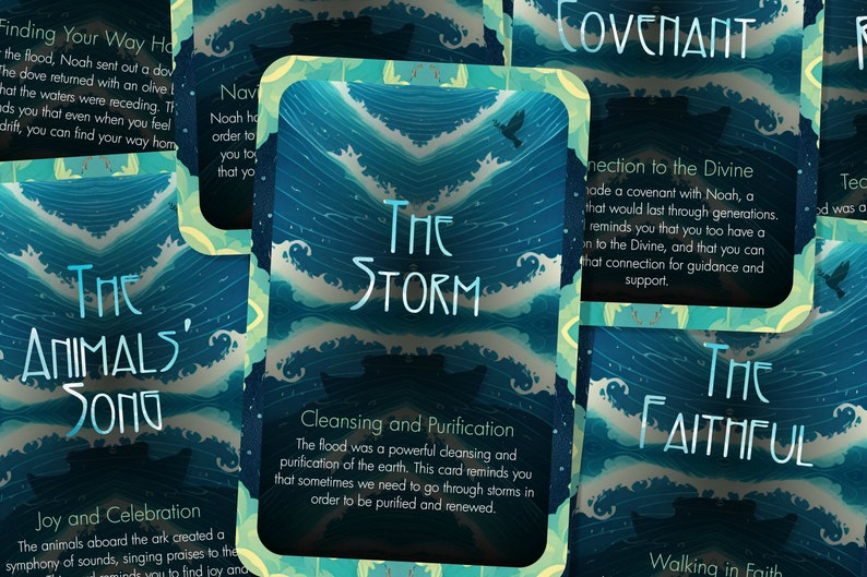 May include: A set of colorful oracle cards with blue, green, and white waves and text. The cards feature titles like "The Storm", "The Animals' Song", "The Faithful", and "Covenant".