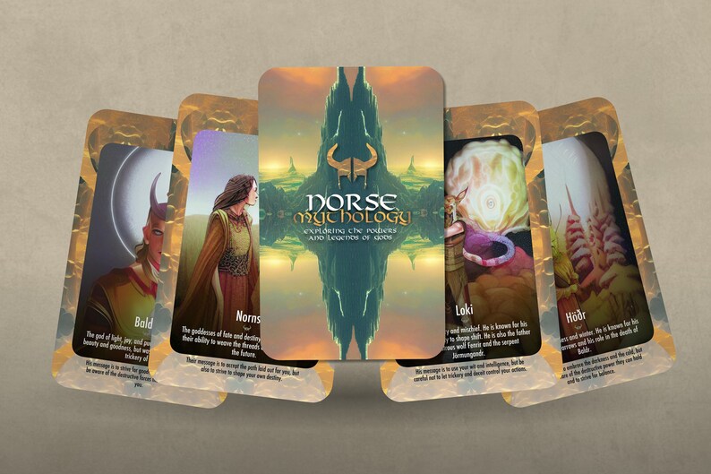 May include: A set of five cards featuring illustrations of Norse mythology figures. The cards are gold and green with a title that reads "Norse Mythology: Exploring the Gods and Legends of Asgard". The cards feature Baldr, Norns, Loki, Hodr, and a fifth card with a title.