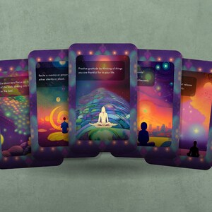 May include: Five colorful cards with a purple border and a white interior. Each card features a different image of a person meditating in a colorful landscape. The text on the cards reads: "Live down and focus on the flow of energy sinking into the heart or the body", "Recite a mantra or prayer, either silently or aloud", "Practice gratitude by thinking of things you are thankful for in your life", "Find moments of silence and release", "Let go of the past and embrace the present".
