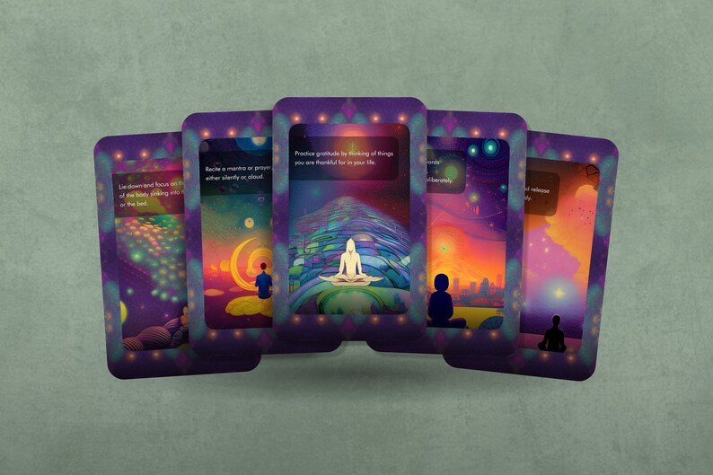 May include: Five colorful cards with a purple border and a white interior. Each card features a different image of a person meditating in a colorful landscape. The text on the cards reads: "Live down and focus on the flow of energy sinking into the heart or the body", "Recite a mantra or prayer, either silently or aloud", "Practice gratitude by thinking of things you are thankful for in your life", "Find moments of silence and release", "Let go of the past and embrace the present".