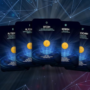 May include: Five blue and black cards with gold coins and text. The cards are arranged in a fan shape. The text on the cards includes "Bitcoin", "Altcoin", "Altser", "Bearish", and "Blockchain".