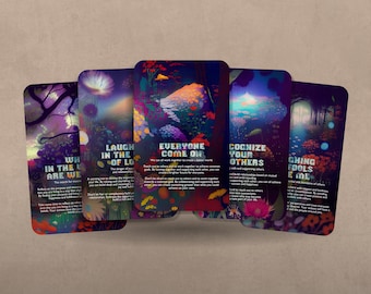 May include: Five colorful cards with different messages and images. The cards feature a variety of colors and patterns, including purple, blue, green, and red. The text on the cards includes phrases like "Laugh in the of Love", "Everyone Come On", and "Cognize Your Others".