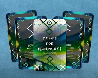 May include: Five cards with a watercolor background and black borders. The card in the center is a rune card for prosperity. The card reads "Runes for Prosperity. Create abundance with your intuition."
