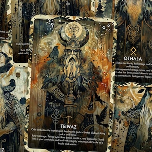 May include: A set of ten illustrated cards featuring Norse runes and imagery. Each card depicts a different rune with a corresponding god and description. The cards are designed in a vintage style with a dark background and gold accents.