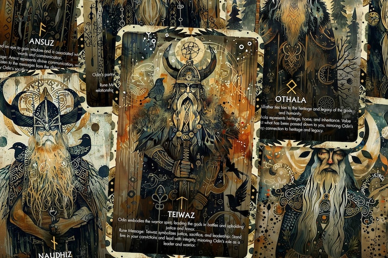 May include: A set of ten illustrated cards featuring Norse runes and imagery. Each card depicts a different rune with a corresponding god and description. The cards are designed in a vintage style with a dark background and gold accents.