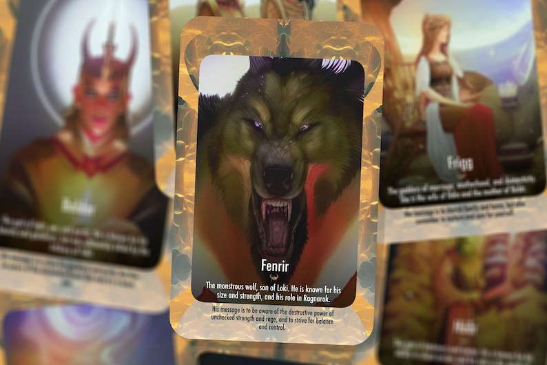 May include: A tarot card featuring a snarling wolf with glowing purple eyes. The card is titled "Fenrir" and includes text about the monstrous wolf, son of Loki, and his role in Ragnarok. The message is to be aware of the destructive power of unchecked strength and rage, and to strive for balance and control.