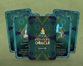 May include: A set of teal and gold oracle cards with the title "Yoga Intentions Oracle" by Jenna Kelly. The cards feature a stylized image of a person in a yoga pose.