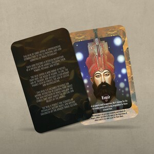May include: Two cards from a deck of cards featuring Norse mythology. The card on the left has text describing the deck. The card on the right features an illustration of a man with a beard and a crown, with the text "Kvasir" below the image. The text below the image reads "He is known for his poetry and improvisation. He is known for his ability to create poetry and bring inspiration to those around him."