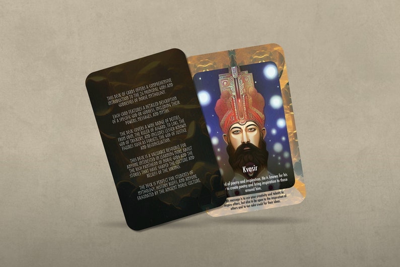 May include: Two cards from a deck of cards featuring Norse mythology. The card on the left has text describing the deck. The card on the right features an illustration of a man with a beard and a crown, with the text "Kvasir" below the image. The text below the image reads "He is known for his poetry and improvisation. He is known for his ability to create poetry and bring inspiration to those around him."