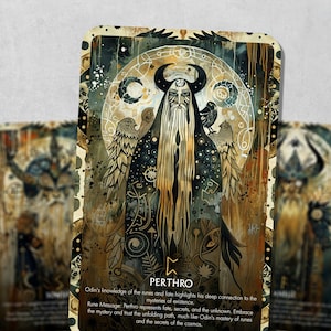 May include: A tarot card with a dark background and gold accents. The card features a bearded man with horns and wings, surrounded by a circle of moons. The card's name, "PERTHRO", is written in gold at the bottom. The card's description reads: "Odin's knowledge of the runes and fate highlights his deep connection to the mysteries of existence. Rune Message: Perthro represents fate, secrets, and the unknown. Embrace the mystery and trust the unfolding path, much like Odin's mastery of runes and the secrets of the cosmos."