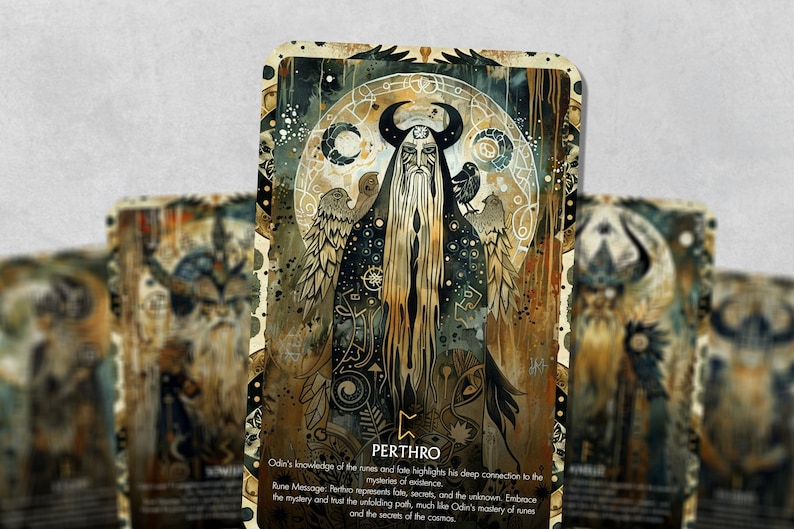 May include: A tarot card with a dark background and gold accents. The card features a bearded man with horns and wings, surrounded by a circle of moons. The card's name, "PERTHRO", is written in gold at the bottom. The card's description reads: "Odin's knowledge of the runes and fate highlights his deep connection to the mysteries of existence. Rune Message: Perthro represents fate, secrets, and the unknown. Embrace the mystery and trust the unfolding path, much like Odin's mastery of runes and the secrets of the cosmos."