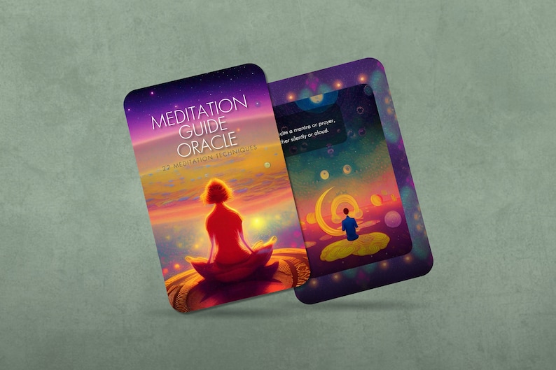 May include: A meditation guide oracle deck with 22 meditation techniques. The card features a colorful illustration of a person meditating in a sunset landscape. The back of the card has a quote about meditation.