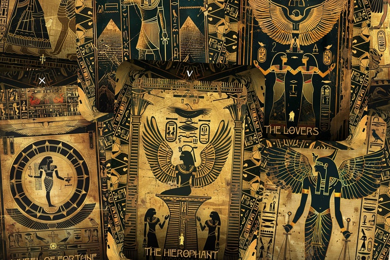 May include: A collage of tarot cards with an Egyptian theme. The cards feature gold and black designs with hieroglyphics and images of gods and goddesses. The cards include "The Hierophant", "The Lovers", and "Wheel of Fortune".