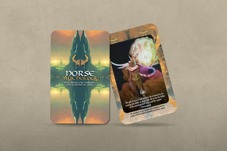 May include: A card with a colorful illustration of a mythical creature and text that reads "Norse Mythology: Exploring the Roles and Legends of Gods" and "Loki: The god of trickery and mischief. He is known for his cunning and ability to shape shift. He is also the father of the monsters, as well as the god of the serpent Jormungandr. His name is synonymous with intelligence, but he is not to be trusted and could easily betray your trust."