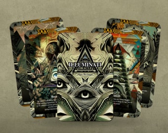 May include: A set of tarot cards with a green, black, and gold design. The cards feature an all-seeing eye and the text "The Illuminati Oracle" and "Adam Weishaupt".