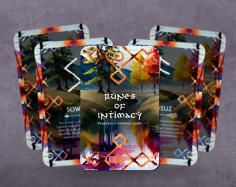 May include: A set of cards with watercolor backgrounds and geometric symbols. The cards are titled "Runes of Intimacy: Heartfelt Symbols Guide".