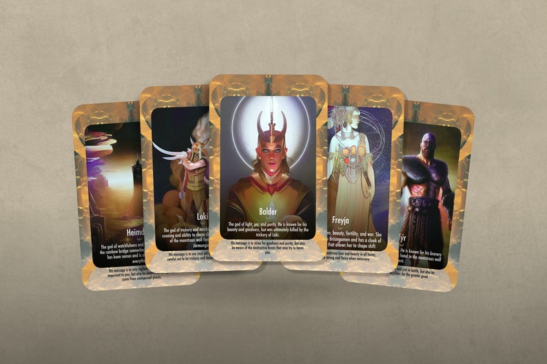 May include: Five illustrated cards with gold borders, each featuring a different Norse god or goddess. The cards include Heimdall, Loki, Balder, Freyja, and Tyr. Each card has a description of the god or goddess's role in Norse mythology.