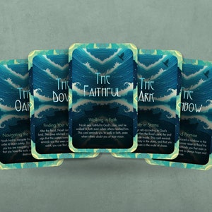 May include: Five colorful cards with blue and green waves and a bird flying over the waves. The cards have the words "The Oar", "The Dove", "The Faithful", "The Ark", and "The Rainbow" on them. Each card has a short description of the meaning of the card.