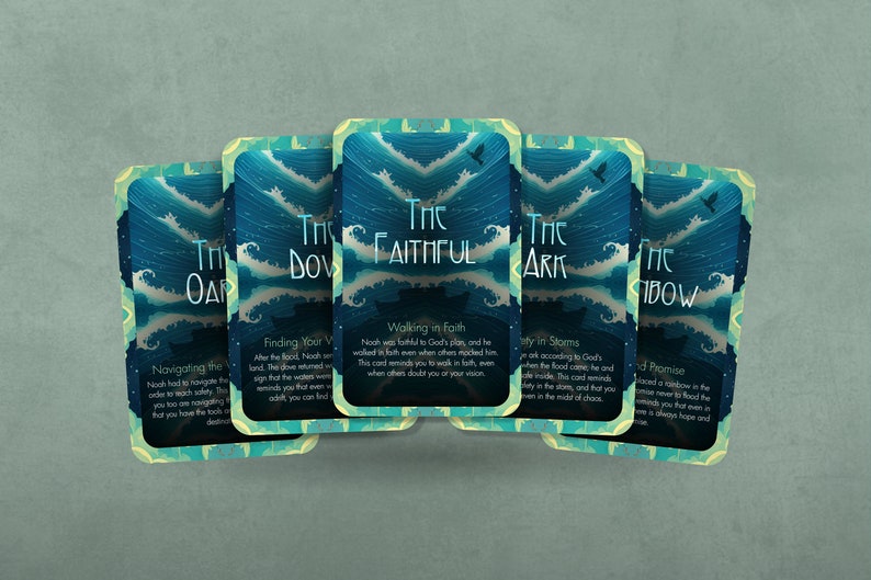May include: Five colorful cards with blue and green waves and a bird flying over the waves. The cards have the words "The Oar", "The Dove", "The Faithful", "The Ark", and "The Rainbow" on them. Each card has a short description of the meaning of the card.