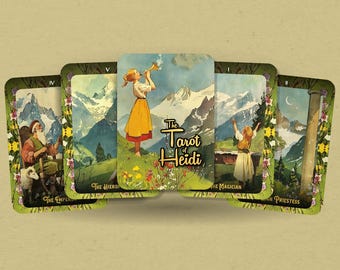 May include: Five tarot cards from the "Tarot of Heidi" deck, featuring illustrations of a mountain landscape with a person in each card. The cards are: The Emperor, The Hierophant, The Magician, The High Priestess, and The Empress.