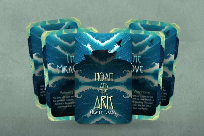 May include: A set of oracle cards with a blue and green color scheme. The cards feature a stylized image of a boat on a stormy sea with a bird flying overhead. The text "Noah and the Ark Oracle Cards" is printed on the front of the cards.