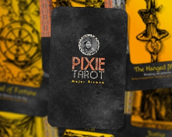 May include: A black card with the text "PIXIE TAROT" in orange and white lettering. The text "Major Arcana" is below the tarot name. A black and white photo of a person is in a circle in the upper left corner of the card.