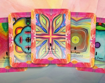 May include: Five colorful tarot cards with rounded corners, each featuring a different image and title. The cards are arranged in a row, with the first card on the left and the last card on the right. The cards are titled "The Empress", "The Fool", "The Magician", "The High Priestess", and "The Emperor".