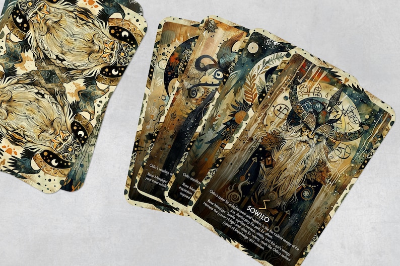 May include: A set of five tarot cards with intricate illustrations and text. The cards feature a dark background with gold and silver accents. The text on the cards includes the word "SOWILO" and a description of the card's meaning.
