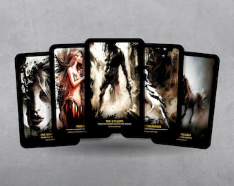 May include: Five black tarot cards with gold lettering and illustrations. The cards are titled "The Ban", "Faerie", "The Cyclops", "Cadrdeus", and "Aicorn".