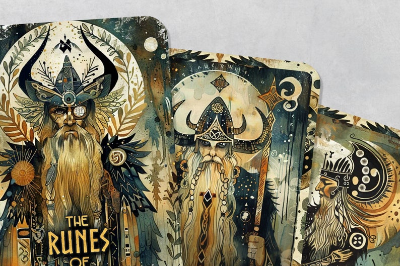 May include: Three illustrated cards with a watercolor style featuring a bearded man in a horned helmet with a large beard and a crown. The text on the card reads "The Runes of".