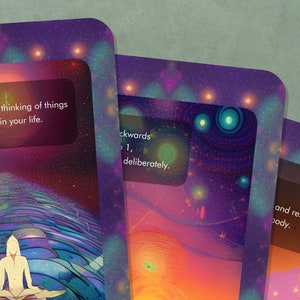 May include: Three cards with colorful backgrounds and text. The first card has a purple background with a person meditating in the center. The text reads "Practice gratitude by thinking of things you are thankful for in your life." The second card has a purple background with a swirling pattern and the text "Backwards 1, deliberately." The third card has a brown background with the text "And release body."