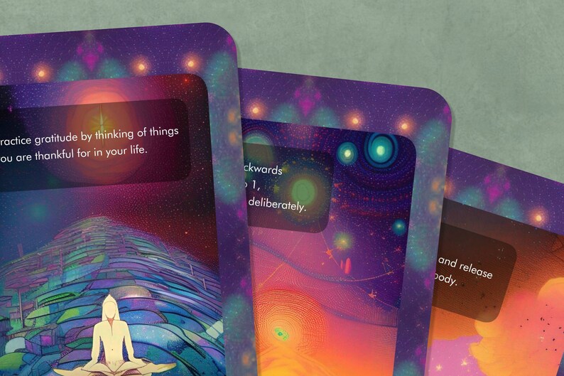 May include: Three cards with colorful backgrounds and text. The first card has a purple background with a person meditating in the center. The text reads "Practice gratitude by thinking of things you are thankful for in your life." The second card has a purple background with a swirling pattern and the text "Backwards 1, deliberately." The third card has a brown background with the text "And release body."