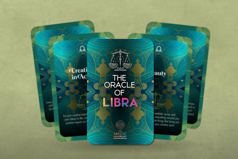 Może przedstawiać: Zestaw tealowych i złotych kart orakulum z tekstem "THE ORACLE OF LIBRA" i symbolem Wagi. Karty są częścią kolekcji Mystic Horoscope.