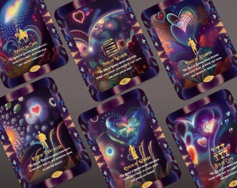 May include: A set of tarot cards with colorful, abstract designs and gold accents. Each card features a different tarot card name and a short description of the card's meaning. The cards are set against a dark background.