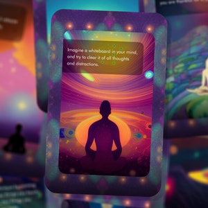 May include: A colorful card with a silhouette of a person meditating in front of a sunset. The card has the text "Imagine a whiteboard in your mind, and try to clear it of all thoughts and distractions."