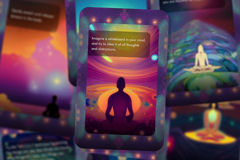 May include: A colorful card with a silhouette of a person meditating in front of a sunset. The card has the text "Imagine a whiteboard in your mind, and try to clear it of all thoughts and distractions."
