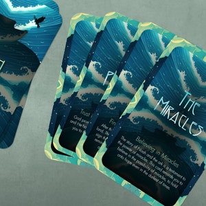 May include: A set of five cards with a blue and green watercolor design. The cards feature a stylized illustration of a bird flying over a stormy sea. The text on the cards reads "The Miracles" and "Believing in Miracles". The story of Noah and the ark is a testament to the power of miracles. This card reminds you to believe in the possibility of miracles, to hold onto hope even in the darkest of times.