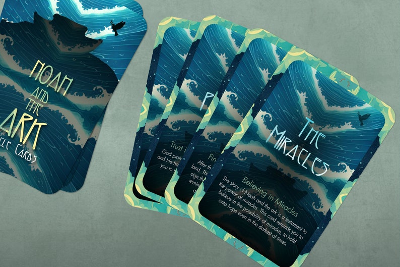 May include: A set of five cards with a blue and green watercolor design. The cards feature a stylized illustration of a bird flying over a stormy sea. The text on the cards reads "The Miracles" and "Believing in Miracles". The story of Noah and the ark is a testament to the power of miracles. This card reminds you to believe in the possibility of miracles, to hold onto hope even in the darkest of times.