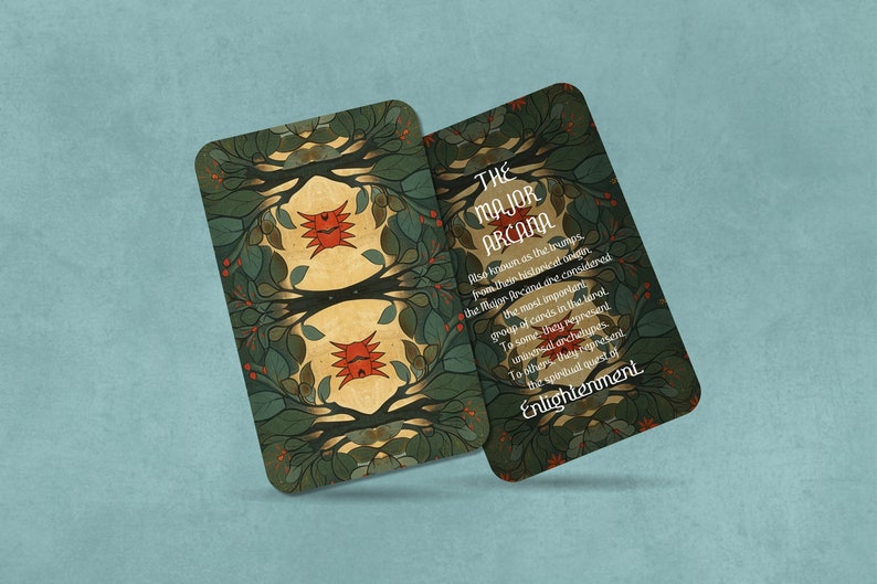 May include: A tarot card with a green, gold, and red design. The card features a stylized tree with a red bird on each side. The text on the card reads "THE MAJOR ARCANA. Also known as the trumps, these cards are the strongest from their heliacal union. The Major Arcana are considered the most important group of cards in the tarot. To some they represent universal archetypes. To others, they represent the spiritual quest of Enlightenment."