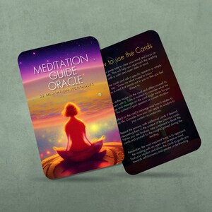 May include: A deck of meditation guide oracle cards with 22 meditation techniques. The cards feature a colorful illustration of a person meditating in a peaceful setting.