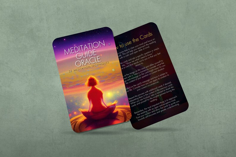 May include: A deck of meditation guide oracle cards with 22 meditation techniques. The cards feature a colorful illustration of a person meditating in a peaceful setting.