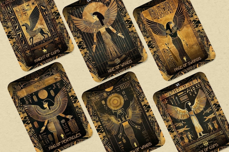 May include: A set of ten tarot cards with gold and black designs featuring a winged woman in each card. The cards are labelled with the names of the cards, such as "Knight of Cups", "Nine of Wands", and "Page of Swords".