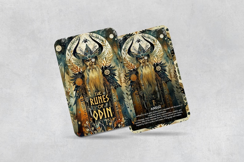 May include: A card from The Runes of Odin deck, featuring a detailed illustration of a bearded figure wearing a horned helmet and a cloak. The card is titled "Ansuz" and includes a description of the rune's meaning.