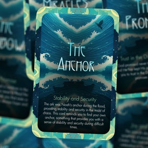 May include: A blue and green card with the text "The Anchor" and the words "Stability and Security". The card features a stylized image of a boat on a stormy sea.
