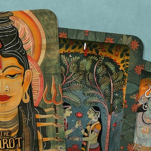 May include: Four tarot cards with colorful illustrations of Hindu deities. The cards are from The Tarot deck and feature the text "The Tarot" on the first card.